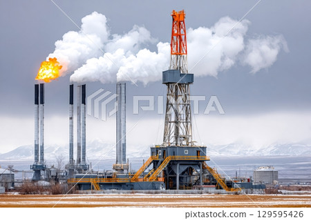 Drilling rig extracting natural gas with smoking chimneys and snowy mountains in background 129595426