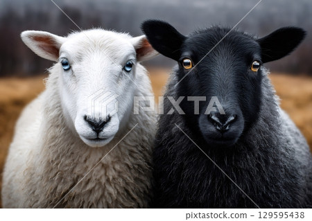 White and black sheep posing together on farm White and black sheep posing together on farm 129595438
