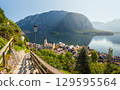 Hallstatt on Lake Hallstatt, a beautiful historic town on the shore of a lake by mountains, Austria 129595564