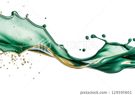 Green and gold liquid splashing and mixing together 129595601