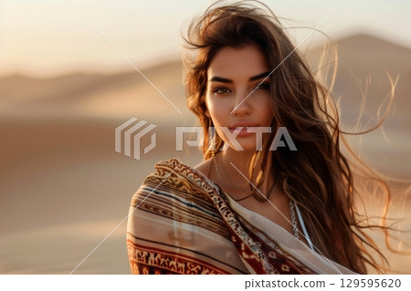 Fashion model posing in desert landscape at sunset with flowing hair 129595620