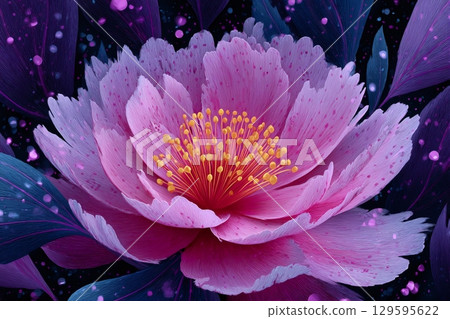 Pink peony blooming in a magical night, generative ai image 129595622