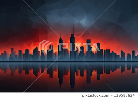 Polygonal chicago skyline reflecting on water under red sunset 129595624
