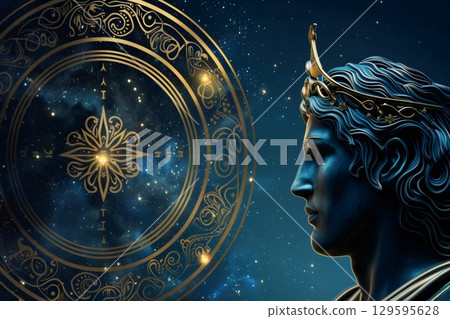 King observing celestial compass guiding through starry cosmos 129595628