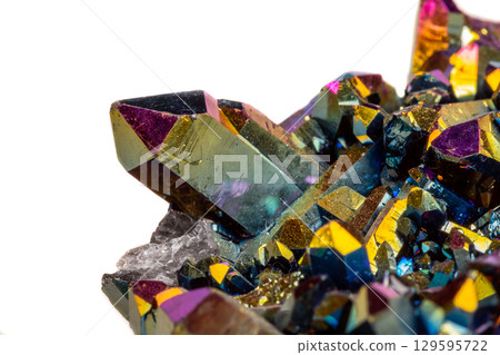 Macro mineral stone Titanium Quartz, Flame Aura Quartz on a white background Macro mineral stone Titanium Quartz, Flame Aura Quartz on a white background 129595722