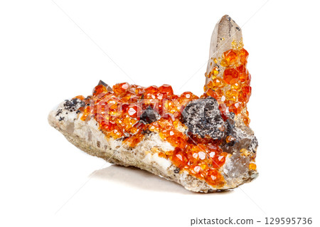 macro mineral stone Spessartine, orange, red garnet with quartz on white background 129595736