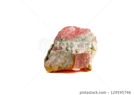 Macro of the mineral stone Rhodochrosite on a white background 129595746