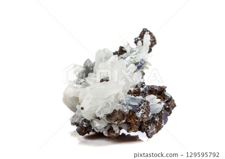 Macro mineral stone Drusus quartz with sphalerite in the rock a white background 129595792