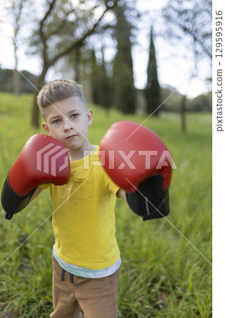 Young boy wearing boxing gloves practicing in park Young boy wearing boxing gloves practicing in park 129595916