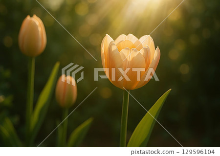 Realistic blooming flowers with soft filtered light 129596104