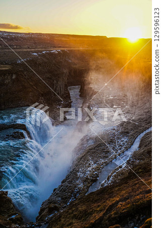 Iceland Gullfoss waterfall and sunrise Iceland Gullfoss waterfall and sunrise 129596123