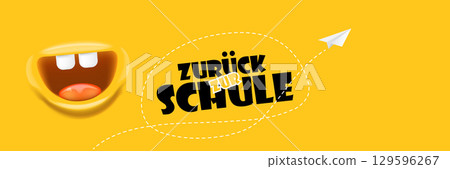 Zuruck zur Schule, Back To School in German, banner design template with funny smiling monster mouth and flying paper plane. Orange welcome back to school background, poster, flyer, cover and sticker 129596267