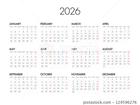 2026 年曆從星期一開始，沒有日本假期 129596276