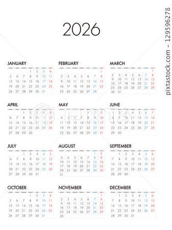 2026 年曆從星期一開始，沒有日本假期 129596278