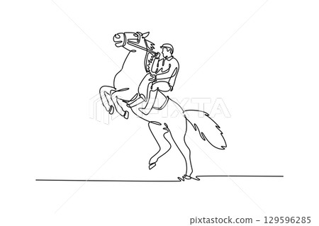 Single line drawing of professional man jockey riding powerful horse rearing on its hind legs, depicting moment of elegant power, grace, and the deep bond between rider and animal. Vector illustration 129596285