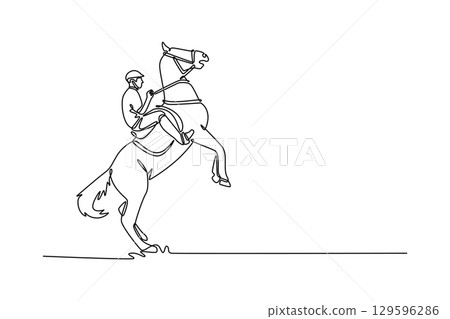 Continuous line drawing of male jockey riding powerful horse rearing on its hind legs, depicting moment of elegant power, grace, and the deep bond between rider and animal. Design vector illustration Continuous line drawing of male jockey riding powerful horse rearing on its hind legs, depicting moment of elegant power, grace, and the deep bond between rider and animal. Design vector illustration 129596286