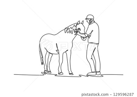 Continuous line drawing of happy man jockey affectionately patting his horse, depicting the serene partnership, trust, and deep bond shared between human rider and elegant animal. Vector illustration Continuous line drawing of happy man jockey affectionately patting his horse, depicting the serene partnership, trust, and deep bond shared between human rider and elegant animal. Vector illustration 129596287