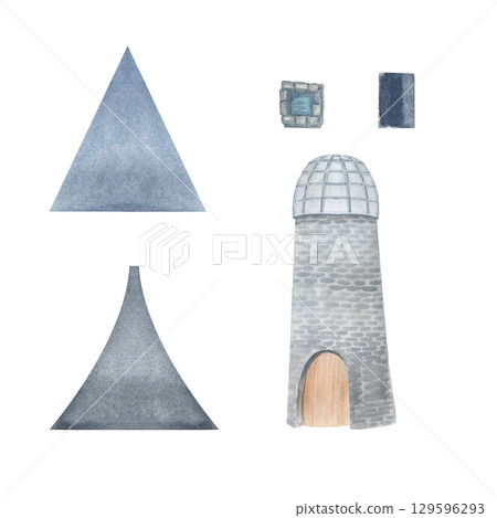 Medieval-style stone tower set. Dome-shaped roof and arched wooden door, windows. Watercolor illustration isolated on white. Ideal for fairytales, maps, fantasy packaging, educational materials Medieval-style stone tower set. Dome-shaped roof and arched wooden door, windows. Watercolor illustration isolated on white. Ideal for fairytales, maps, fantasy packaging, educational materials 129596293