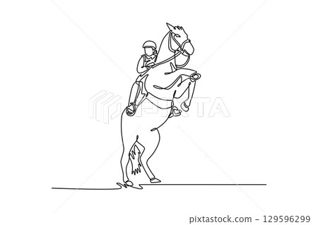 Single line drawing of sporty woman jockey riding powerful horse rearing on its hind legs, depicting moment of elegant power, grace, and deep bond between rider and animal. Design vector illustration 129596299