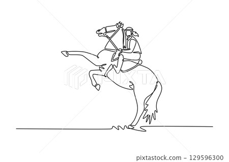 Single line drawing of professional woman jockey on a powerful horse rearing on its hind legs, depicting moment of elegant power, grace, and the deep bond between rider and animal. Vector illustration Single line drawing of professional woman jockey on a powerful horse rearing on its hind legs, depicting moment of elegant power, grace, and the deep bond between rider and animal. Vector illustration 129596300