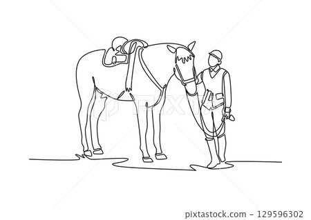 Continuous line drawing of woman jockey with helmet and uniform standing with her horse, depicting serene partnership, trust, and deep bond shared between human and elegant animal. Vector illustration Continuous line drawing of woman jockey with helmet and uniform standing with her horse, depicting serene partnership, trust, and deep bond shared between human and elegant animal. Vector illustration 129596302