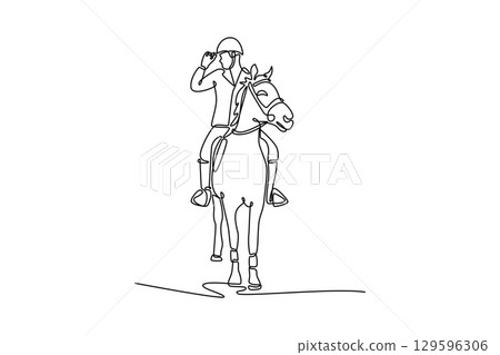 Single line drawing of man on an elegant horse, adjusting his helmet, depicting a calm moment of preparation and the graceful, trusting partnership of the equestrian sport. Design vector illustration Single line drawing of man on an elegant horse, adjusting his helmet, depicting a calm moment of preparation and the graceful, trusting partnership of the equestrian sport. Design vector illustration 129596306