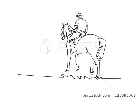 Single line drawing of a human rider on an elegant horse, viewed from the back, depicting the peaceful partnership, trust, and graceful relationship of the equestrian sport. Design vector illustration 129596308