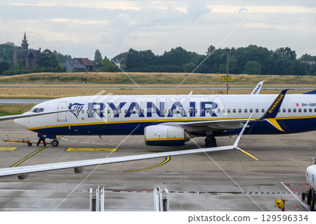 Ryanair Irish ultra low-cost airline airplane on the tarmac of Brussels South Charleroi Airport in Charleroi, Belgium 129596334