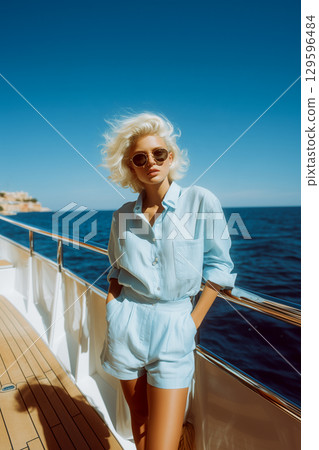 A blonde woman in a blue shirt and shorts stands on a boat 129596484