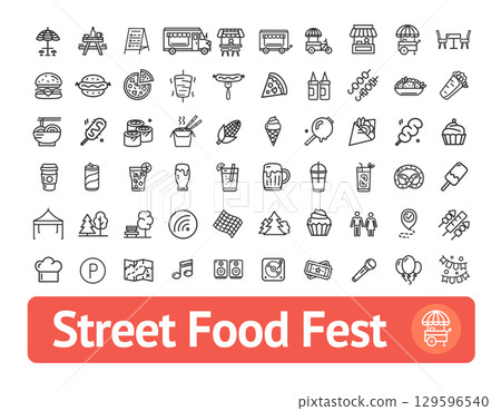 Street Food Fest Sign Black Thin Line Icon Set. Vector Street Food Fest Sign Black Thin Line Icon Set. Vector 129596540