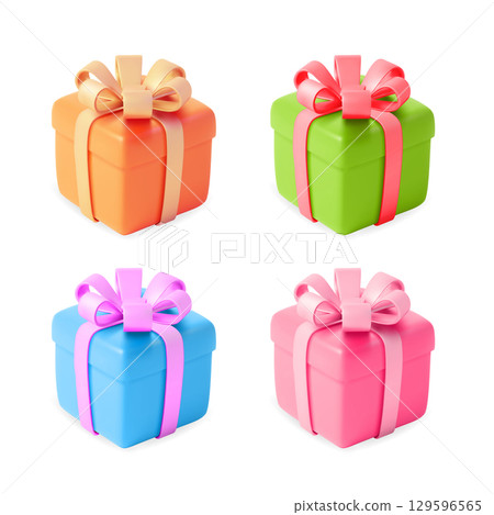 3d Color Gift Box Set Closed View Party Concept Cartoon Design Style. Vector 129596565