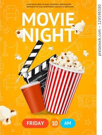 Cinema Movie Night Placard Poster Banner Card Template with Drink and Popcorn. Vector 129596580