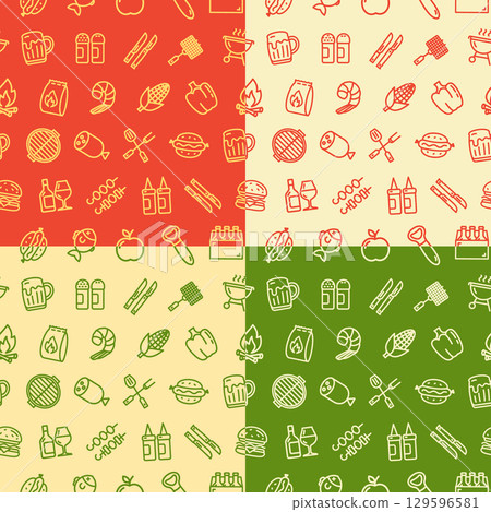 Picnic Bbq Party Signs Seamless Pattern Background Set. Vector Picnic Bbq Party Signs Seamless Pattern Background Set. Vector 129596581
