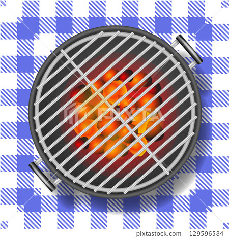 Realistic Detailed 3d Bbq or Barbecue Grill on Gingham Tablecloth . Vector 129596584