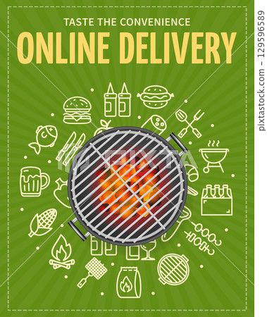 Realistic Detailed 3d Barbecue Grill Online Delivery Ads Banner Concept Poster Card. Vector 129596589
