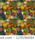 Colorful seamless 3D fruits and vegetables pattern for healthy food and branding 129596684