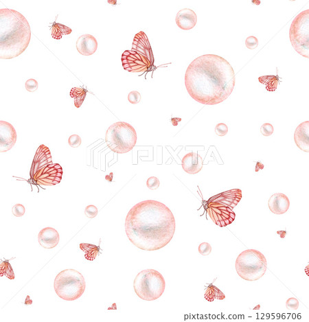 Seamless pattern with burgundy orange butterfly and pink pearls, hand drawn in watercolor. Seamless pattern with burgundy orange butterfly and pink pearls, hand drawn in watercolor. 129596706