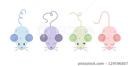 Cute hand drawn mice set. Colored doodle mice or rats. Vector illustration Cute hand drawn mice set. Colored doodle mice or rats. Vector illustration 129596807