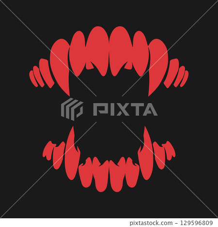 Red monster vampire teeth with long sharp fangs on black background. Vector illustration Red monster vampire teeth with long sharp fangs on black background. Vector illustration 129596809