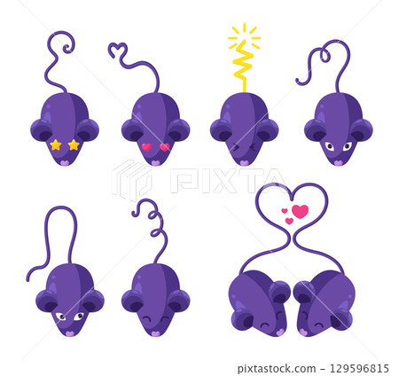 Set of mice characters in flat style. Mouse or rat mascot emoji collection. Toy mouse. Vector illustration Set of mice characters in flat style. Mouse or rat mascot emoji collection. Toy mouse. Vector illustration 129596815