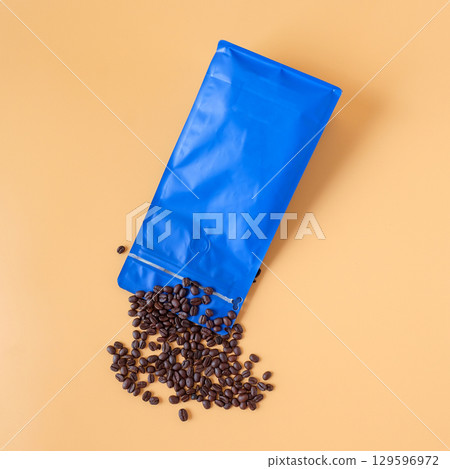 Zip packaging bag for aroma of a product with coffee beans around. 129596972