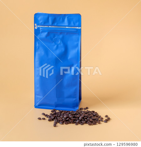 Zip packaging bag for aroma of a product with coffee beans around. 129596980