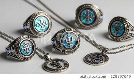 Collection of holographic mystical symbol jewelry rings and pendants on white background 129597049