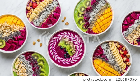 Colorful Acai Smoothie Bowls with Fresh Fruits and Superfoods Top View 129597050