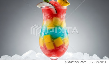 Colorful Layered Tropical Cocktail with Fresh Fruit Garnish 129597051