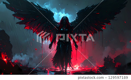 Menacing dark fantasy angel woman with glowing wings stands powerful silhouette. mysterious demon figure from hell creates an epic scene of red light and smoke 129597189