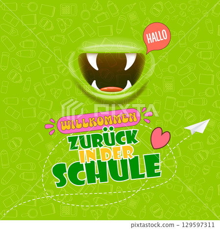 Willkommen zurck in der Schule ,Welcome Back To School in German, square banner design template with funny smiling monster mouth and flying paper plane on green background. Willkommen zurck 129597311