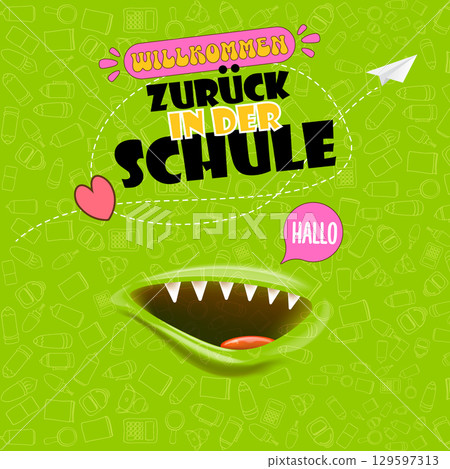 Willkommen zurck in der Schule ,Welcome Back To School in German, square banner design template with funny smiling monster mouth and flying paper plane on green background. Willkommen zurck Willkommen zurck in der Schule ,Welcome Back To School in German, square banner design template with funny smiling monster mouth and flying paper plane on green background. Willkommen zurck 129597313