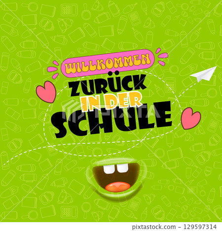 Willkommen zurck in der Schule ,Welcome Back To School in German, square banner design template with funny smiling monster mouth and flying paper plane on green background. Willkommen zurck Willkommen zurck in der Schule ,Welcome Back To School in German, square banner design template with funny smiling monster mouth and flying paper plane on green background. Willkommen zurck 129597314