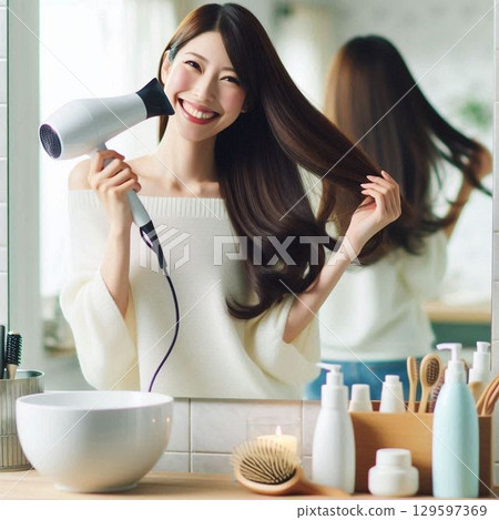 A woman drying her hair with a hair dryer 129597369